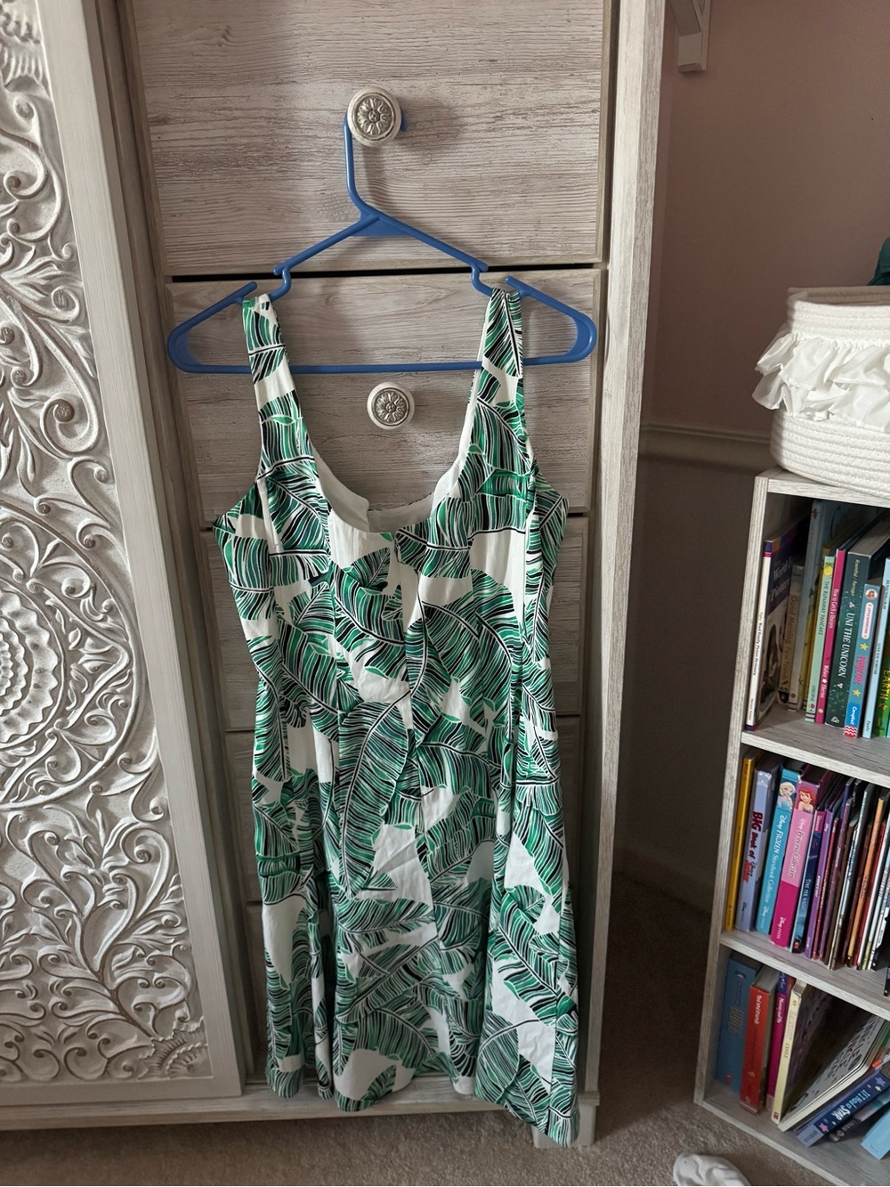 Nine West White and Green Palm-Print Asymmetrical Dress